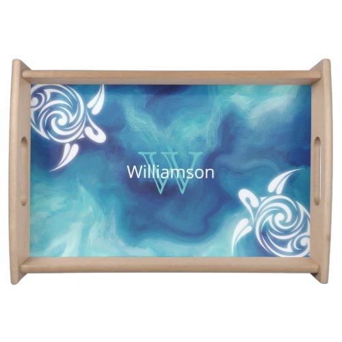 White Turtles  Blue Watercolor Your Name Serving Tray