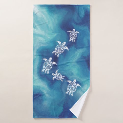 White Turtles in Blue Ocean Bath Towel