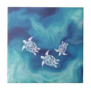 White Turtles in Blue Ocean Ceramic Tile