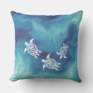 White Turtles in Blue Ocean Coastal Outdoor Pillow