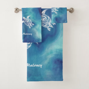 White Turtles in Blue Ocean Watercolor Add Name   Bath Towel Set