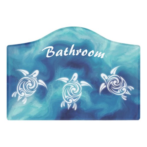 White Turtles in Blue Ocean Watercolor Bathroom Door Sign