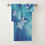 White Turtles in Blue Ocean Watercolor Coastal Bath Towel Set