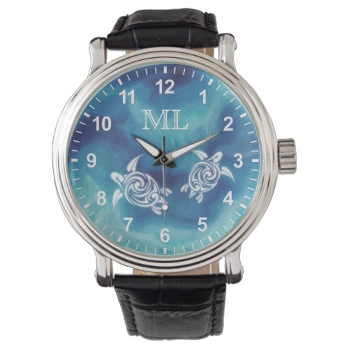 White Turtles in Blue Ocean Watercolor Monogram Watch