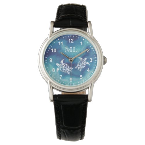 White Turtles in Blue Ocean Watercolor Monogram  Watch