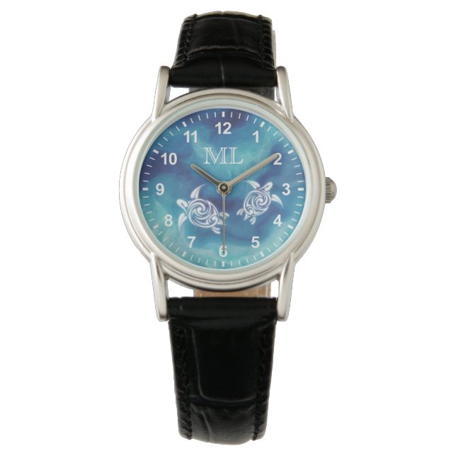 White Turtles in Blue Ocean Watercolor Monogram  Watch (Front)