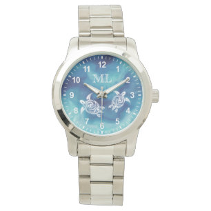 White Turtles in Blue Ocean Watercolor Monogram Watch