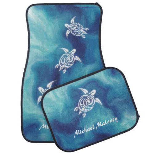 White Turtles in Blue Ocean Watercolor Your Name  Car Floor Mat