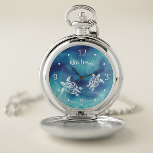 White Turtles in Blue Ocean Watercolor Your Name Pocket Watch