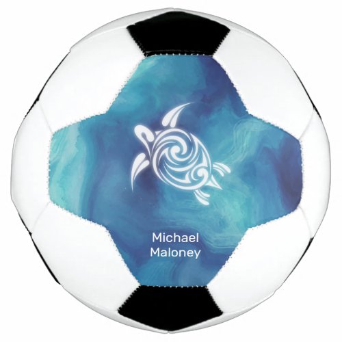 White Turtles in Blue Ocean Watercolor Your Name Soccer Ball