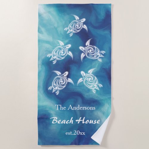 White Turtles in Blue Watercolor Family Name  Beach Towel