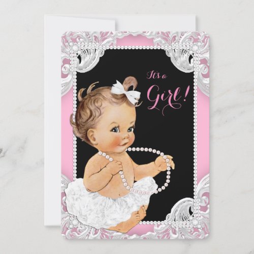 White Tutu Pink Black Pearl Baby Girl Shower Invitation