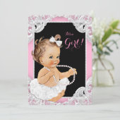 White Tutu Pink Black Pearl Baby Girl Shower Invitation (Standing Front)