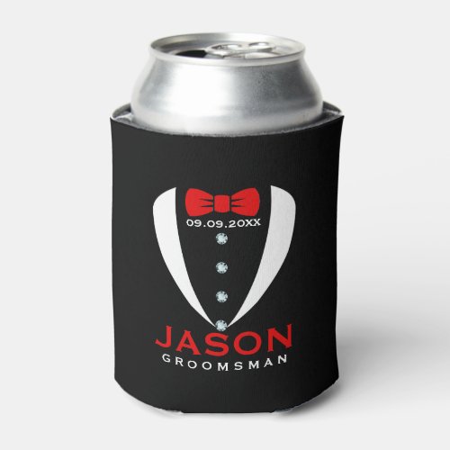 White Tuxedo Red BowTie  Groomsman Text Can Cooler
