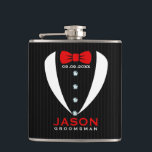 White Tuxedo Red BowTie & Groomsman Text Flask<br><div class="desc">Elegant modern white tuxedo with red tie and black and dark-gray stripes background. Customizable groomsman name.</div>