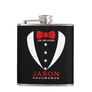 White Tuxedo Red BowTie & Groomsman Text Flask