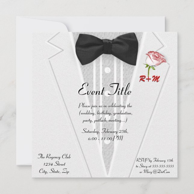 White Tuxedo with Bow Tie Monogram Invitation (Front)