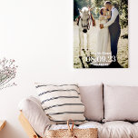 White Twig Mr & Mrs Wedding Date Photo Canvas Print<br><div class="desc">Wedding photo stretch canvas print with your wedding date in big elegant letters, Mr & Mrs Last Name in a modern script, and a white greenery sprig. This beautiful canvas print features your wedding photo and names, along with your wedding anniversary date. It's the perfect way to add a touch...</div>