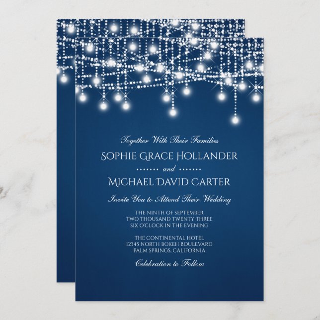 White Twinkle String Lights on Blue Invitation (Front/Back)