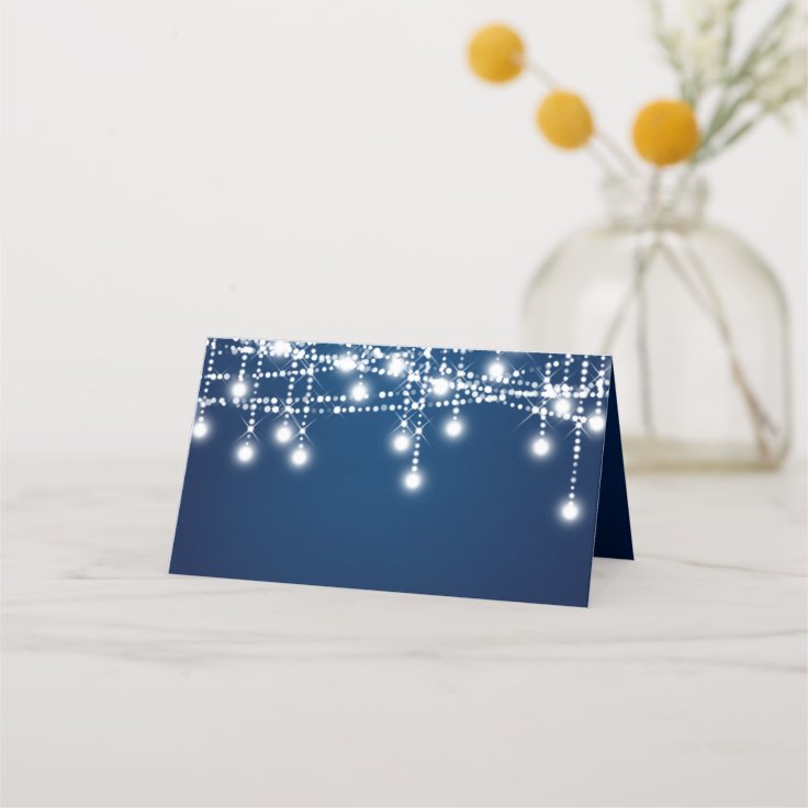 White Twinkle String Lights on Blue Place Card Zazzle