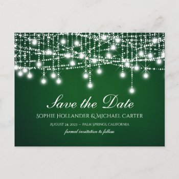 White Twinkle String Lights On Green Postcard by Charmalot at Zazzle