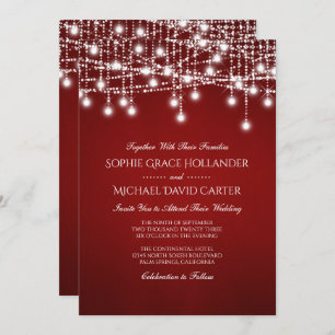 White Twinkle String Lights on Red Invitation