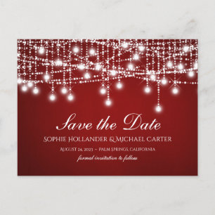 White Twinkle String Lights Red Save the Date Postcard