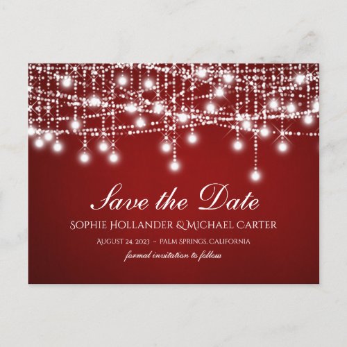 White Twinkle String Lights Red Save the Date Postcard