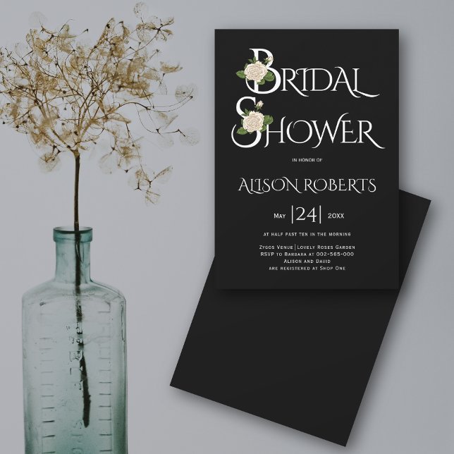 White typography and rose black bridal shower invitation (Creator Uploaded)