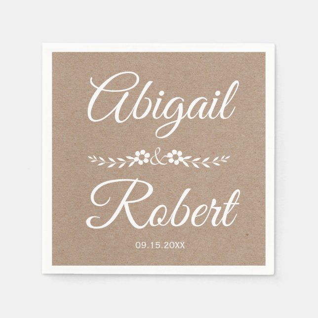 White typography kraft paper rustic wedding napkins (Front)