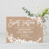 White typography leaf floral kraft sweet 16 invitation (Standing Front)