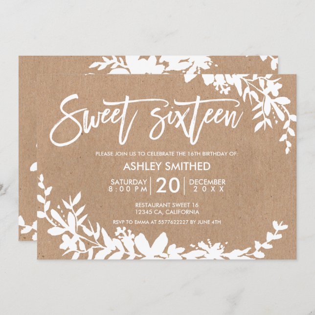White typography leaf floral kraft sweet 16 invitation (Front/Back)