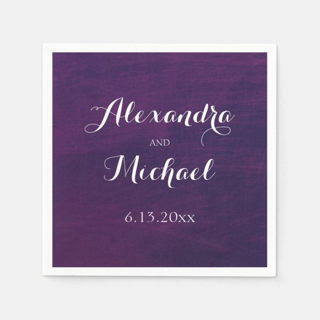 White Typography on Deep Purple Wedding Napkins (Front)