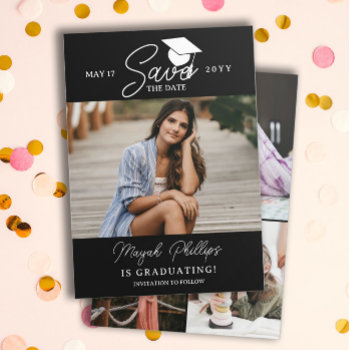White Typography Photo Graduation Save The Date by Paperpaperpaper at Zazzle