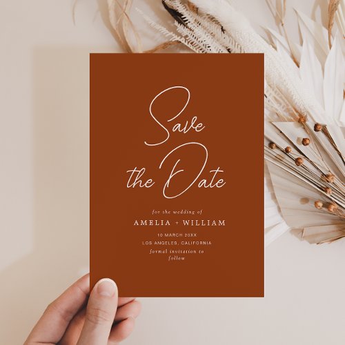 white typography terracotta wedding save the date