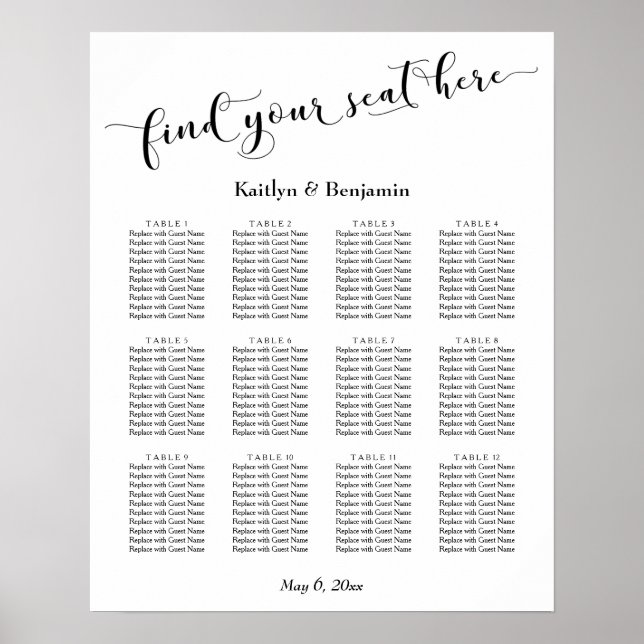 White Typography Wedding Reception Seating Chart (Front)