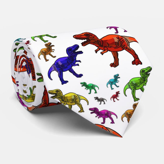 White Tyrannosaurus T Rex Rainbow Dinosaurs Neck Tie (Rolled)