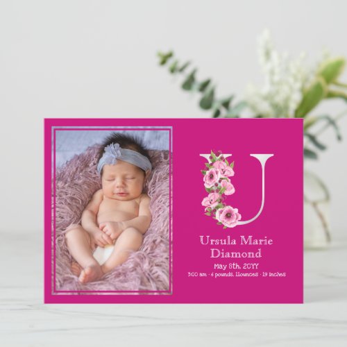 White U Monogram Birth Stats Baby Girl Photo Announcement