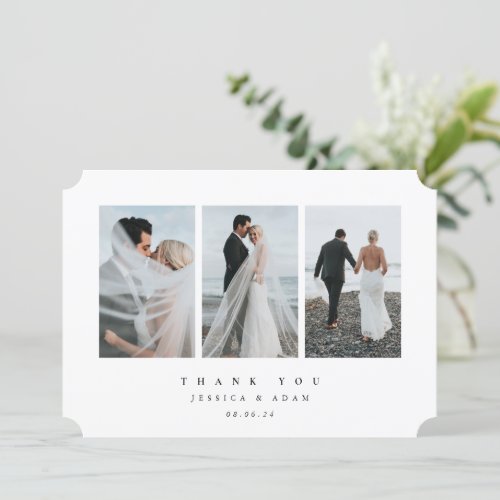 White Ultra Minimal Triple Photo Wedding Flat Thank You Card