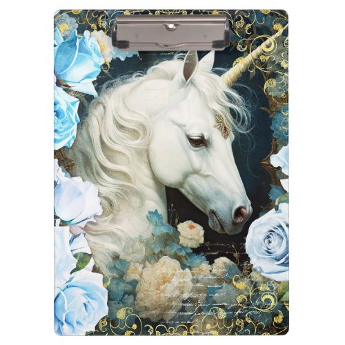 White Unicorn and Blue Roses Clipboard