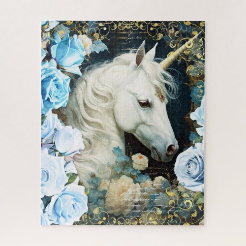 White Unicorn and Blue Roses Jigsaw Puzzle