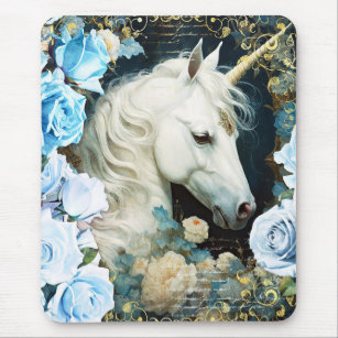 White Unicorn and Blue Roses Mouse Pad