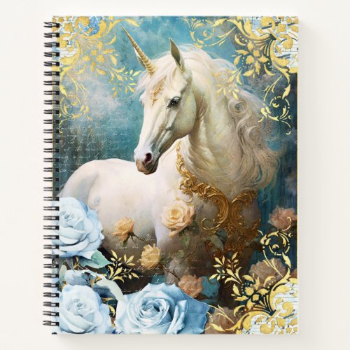 White Unicorn and Blue Roses Notebook