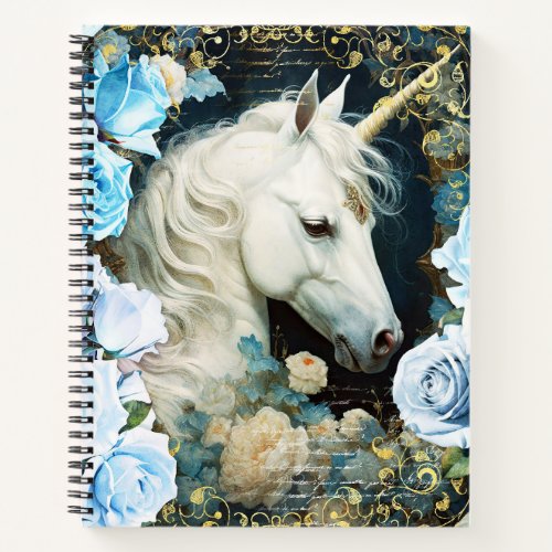 White Unicorn and Blue Roses Notebook