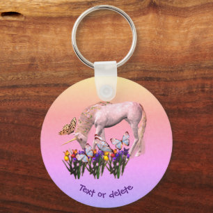 White Unicorn And Butterflies Fantasy Personalized Keychain