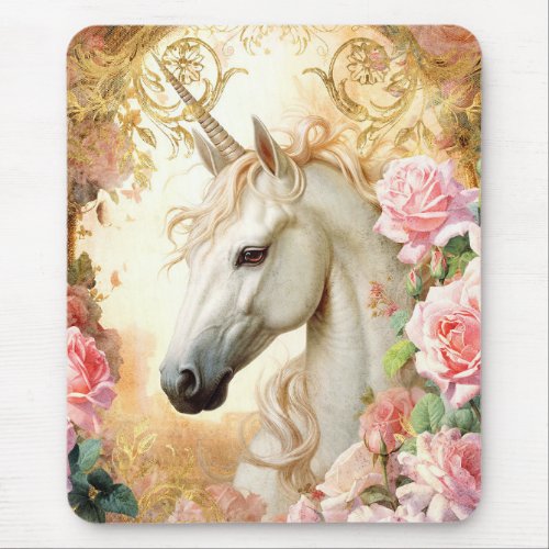 White Unicorn and Pink Roses Mouse Pad