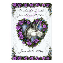 White Unicorn and Purple Rose Heart Invitation