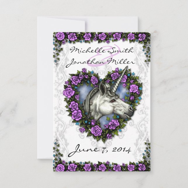 White Unicorn and Purple Rose Heart RSVP (Front)