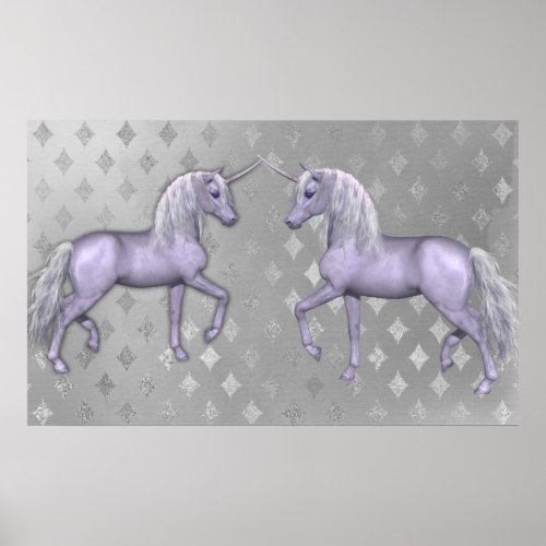 White Unicorn and Silver Diamonds Poster
