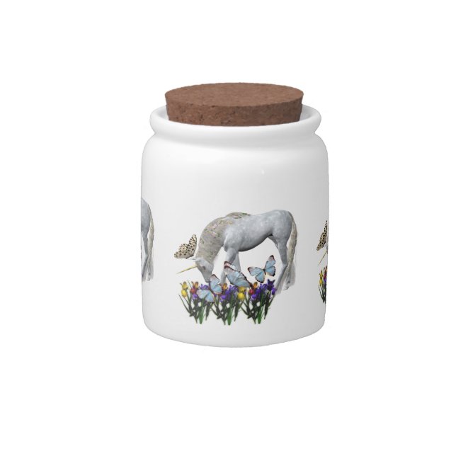 White Unicorn Blue Butterflies Flowers Candy Jars (Front)
